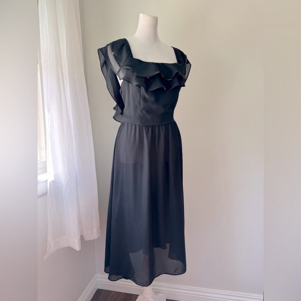 Vintage ‘80s Entourage Sheer Black Ruffled Bodice Knee Length Cocktail Dress